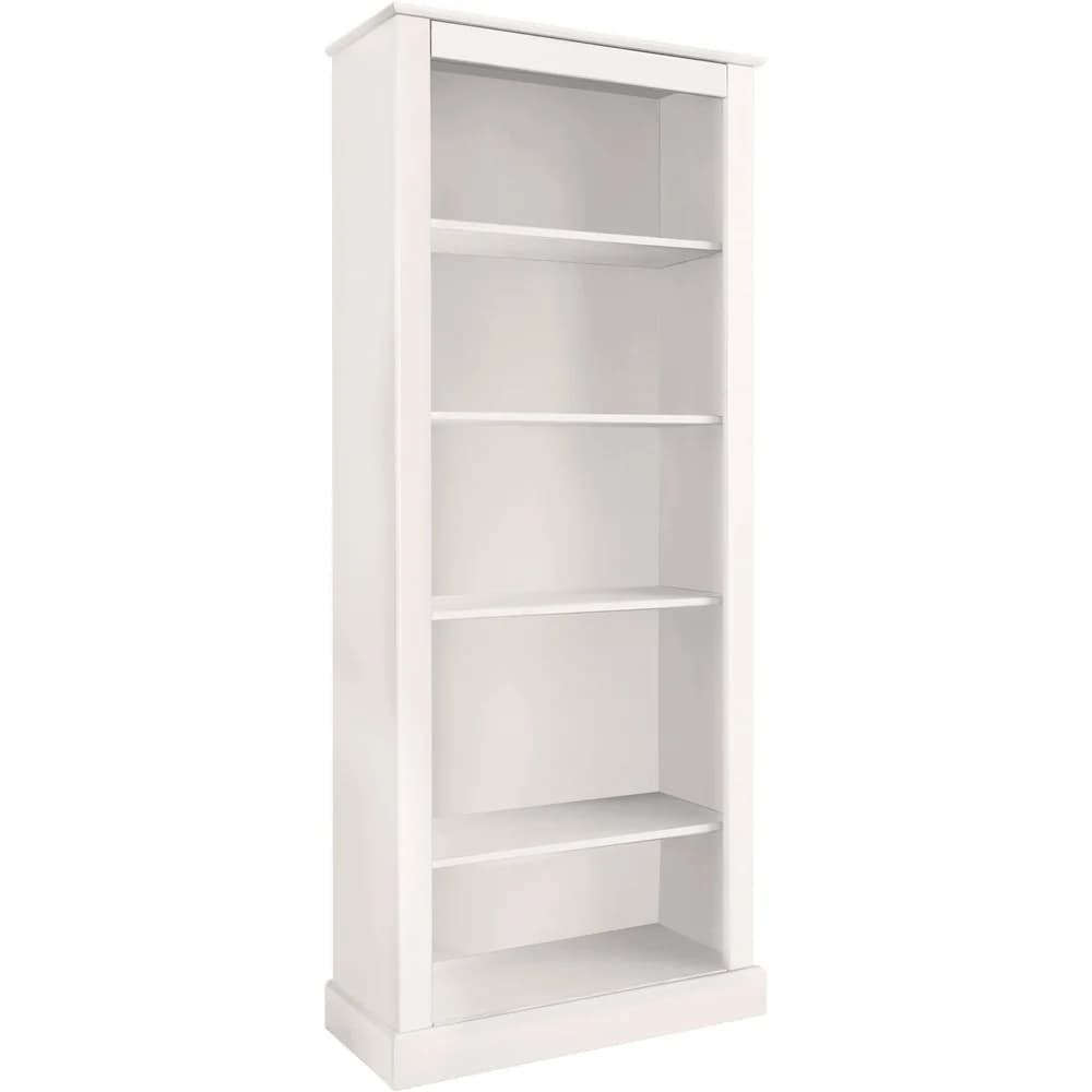 A tall, white, open bookshelf with five shelves. The bookshelf has a simple, classic design with a plinth base and a slightly overhanging top. — 3D model