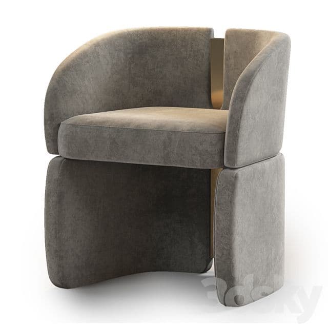 A modern upholstered armchair with a curved backrest and a distinctive stacked base design. The armchair features a plush, textured upholstery and polished metal accents connecting the seat and backrest to the base. — 3D model