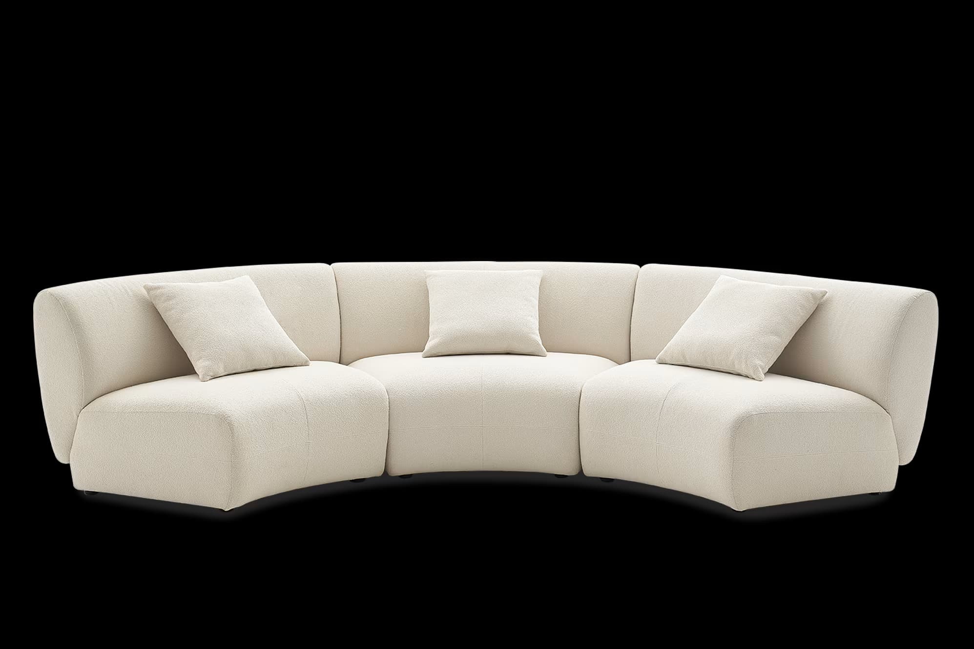 A contemporary curved modular sectional sofa upholstered in a cream-colored bouclé fabric, featuring a low-profile design and integrated backrests. — 3D model