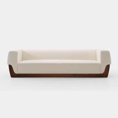 A close-up view of a segment of a modern sofa. The upholstery appears to be a textured fabric in an off-white or cream color. The base of the sofa is constructed from a dark wood, featuring a curved, minimalist design that supports the upholstered section. The contrast between the light fabric and the dark wood base is a prominent design feature. — 3D model