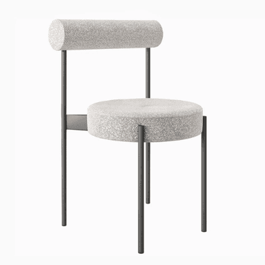A modern upholstered chair with a cylindrical backrest and a circular seat. The chair features a dark metal frame with thin legs. The upholstery is a textured, light-colored fabric. — 3D model