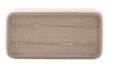 A rectangular upholstered ottoman featuring gently rounded corners and a soft, textured fabric top and frame. The sides are adorned with recessed panels showcasing a light-colored wood grain finish, creating a contrast in texture and material. — 3D model