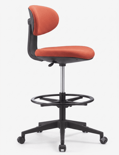 An ergonomic drafting chair featuring a vibrant orange fabric upholstered seat and backrest. The chair is designed for elevated workspaces, incorporating a pneumatic height adjustment mechanism and a circular footring for support. It rests on a five-star black plastic base equipped with casters for mobility. The backrest is contoured and appears to be independently adjustable, providing lumbar support. The overall design prioritizes user comfort and functionality for extended periods. — 3D model
