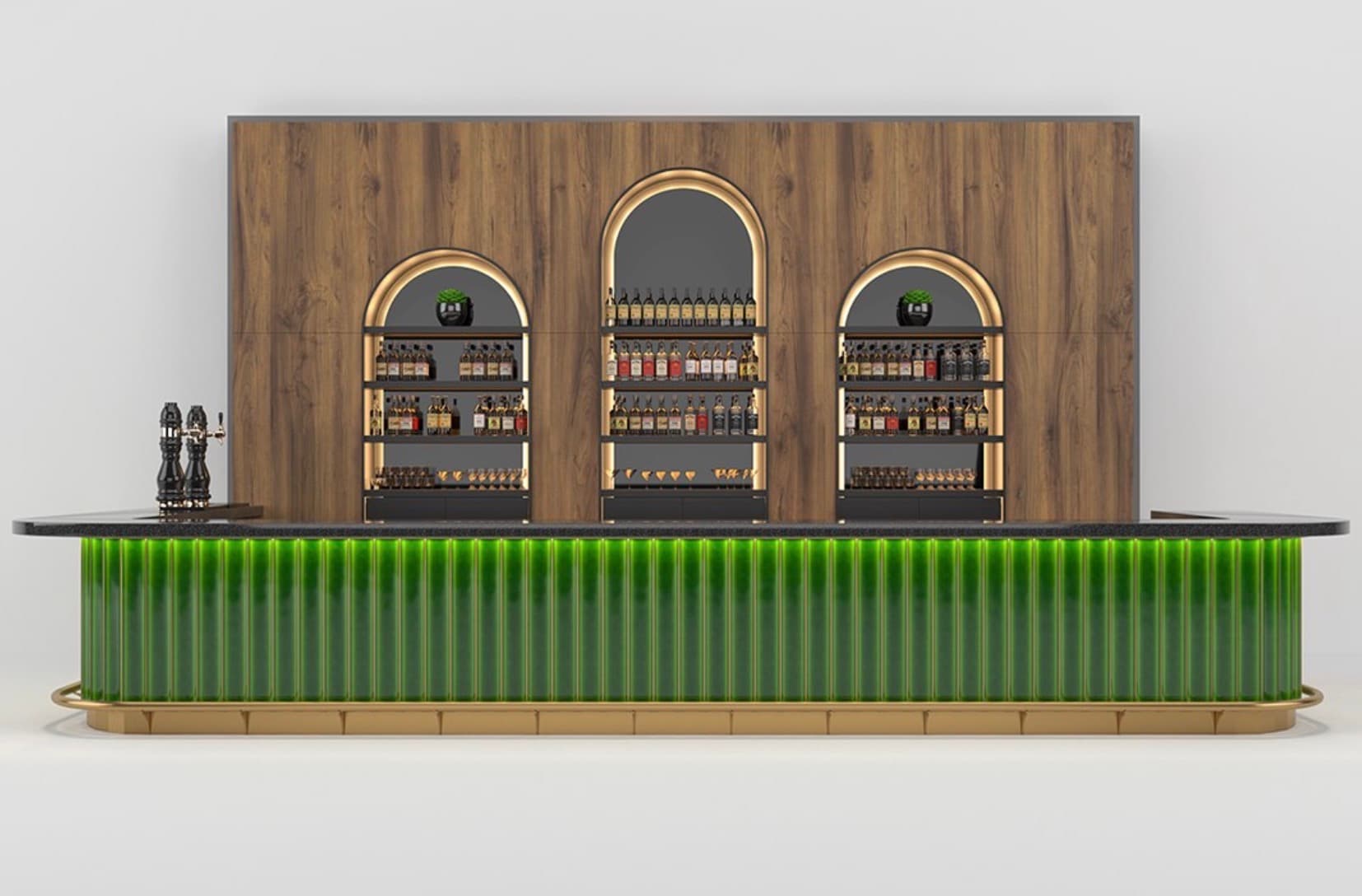A modern bar unit featuring a curved front with vertical ribbed green glass panels and a brass kickplate. The countertop is black and appears to be stone or a similar composite. Behind the bar, a large wooden panel serves as a backdrop with three arched recessed shelving units. These shelves are illuminated and display numerous bottles of alcohol and glassware. Two beer taps are mounted on the left side of the countertop. — 3D model