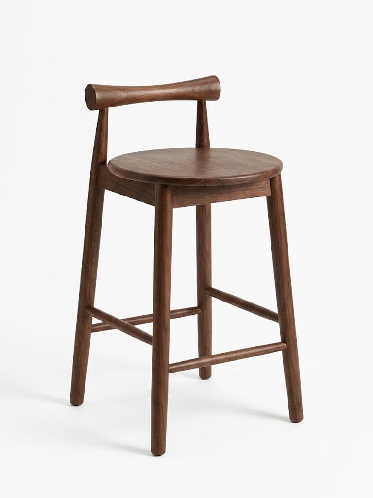A modern bar or counter stool constructed entirely from dark-stained walnut wood. It features a round, flat seat, a gently curved, minimalist backrest, and four straight, subtly tapered legs. Multiple crossbars connect the legs, serving as footrests and structural reinforcement. — 3D model
