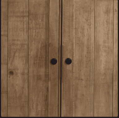 A wooden sideboard featuring four cabinet doors arranged in two symmetrical pairs. Each door has a vertical plank design within a recessed panel and is fitted with a small, round, black knob. The top surface appears to be a distinct piece with a slight overhang. The base of the unit has a subtle, molded plinth. — 3D model