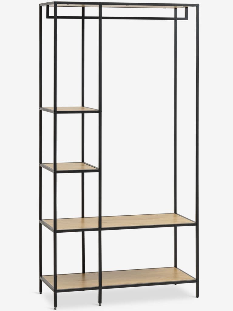 A freestanding open wardrobe unit with a metal frame and multiple wooden shelves. The unit features a horizontal hanging rail at the top. It has a narrow vertical section with four shelves and a wider section with two shelves. — 3D model