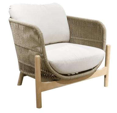 An outdoor lounge chair featuring a sturdy light-toned solid wood frame and a body constructed from tightly woven synthetic rope in a beige or tan color. The chair includes off-white fabric cushions for both the seat and back, providing comfort against the open-weave design. The wooden legs are slightly tapered, contributing to a contemporary and relaxed aesthetic suitable for outdoor environments. — 3D model