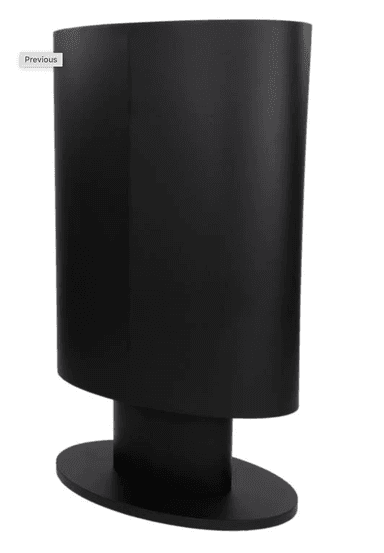 A freestanding black fireplace with a curved front panel and a glass door. It is elevated on a cylindrical base which rests on an oval plinth. A flame is visible inside, indicating it is operational or a display model. — 3D model