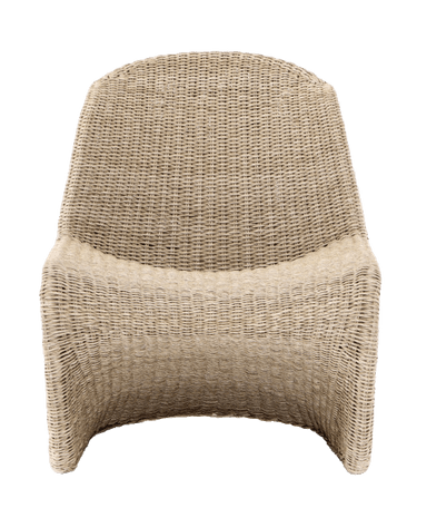 A woven armchair with a curved back and seat. The chair is constructed from a woven material, likely rattan or wicker, exhibiting a textured surface. The base appears to be integrated into the seat and back structure, forming a continuous, open-bottomed form. — 3D model
