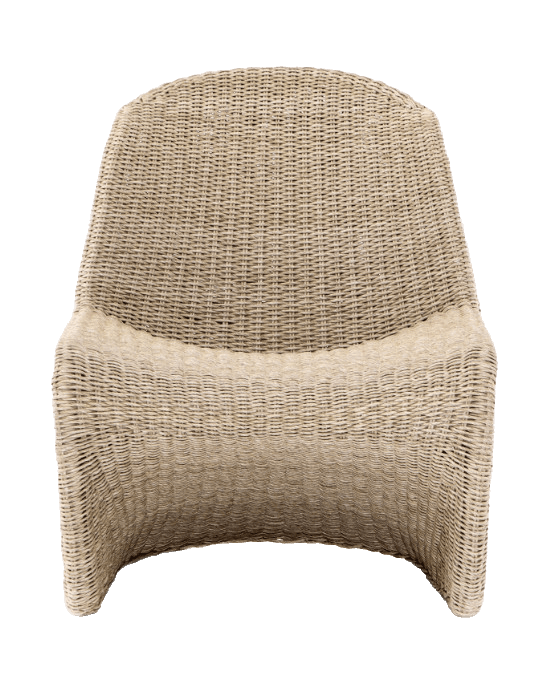 A woven armchair with a curved back and seat. The chair is constructed from a woven material, likely rattan or wicker, exhibiting a textured surface. The base appears to be integrated into the seat and back structure, forming a continuous, open-bottomed form. — 3D model