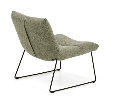 A modern lounge chair with a low profile and slender metal legs. The chair features a gently contoured seat and backrest upholstered in a textured, light green fabric. The backrest has a subtle horizontal tufting or seam detail. The base consists of thin, black, angular metal legs that provide a minimalist support structure. — 3D model