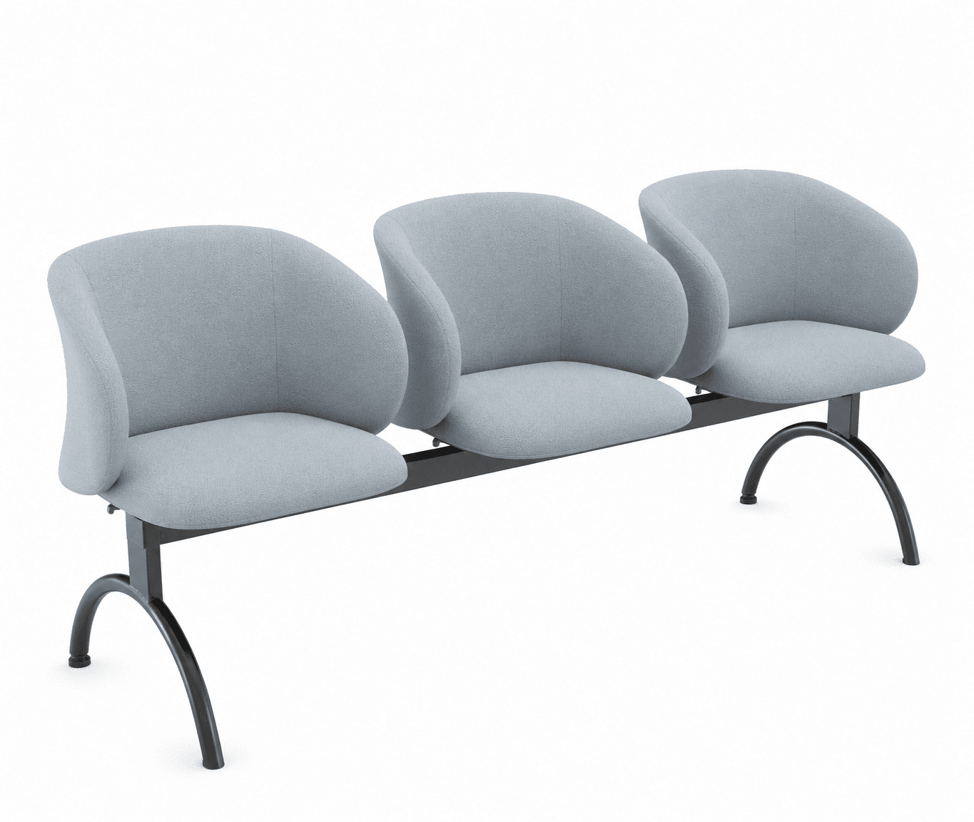 A modern three-seater tandem bench featuring individual upholstered seats in light blue fabric, mounted on a black metal beam with arched legs. — 3D model