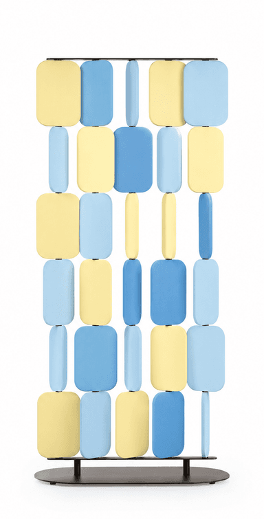 A freestanding room divider featuring a vertical arrangement of rounded rectangular panels in alternating shades of blue and yellow, supported by a bronze-toned frame and an oval base. — 3D model