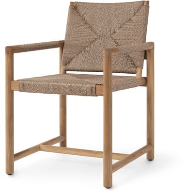 A contemporary armchair featuring a light-toned wooden frame and an intricately woven natural rope seat and backrest. The armrests are integrated into the frame and also wrapped in the same woven material. — 3D model