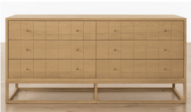 A long, rectangular wooden credenza with a light oak finish, featuring a grid-patterned drawer facade and supported by a minimalist metal frame base. — 3D model
