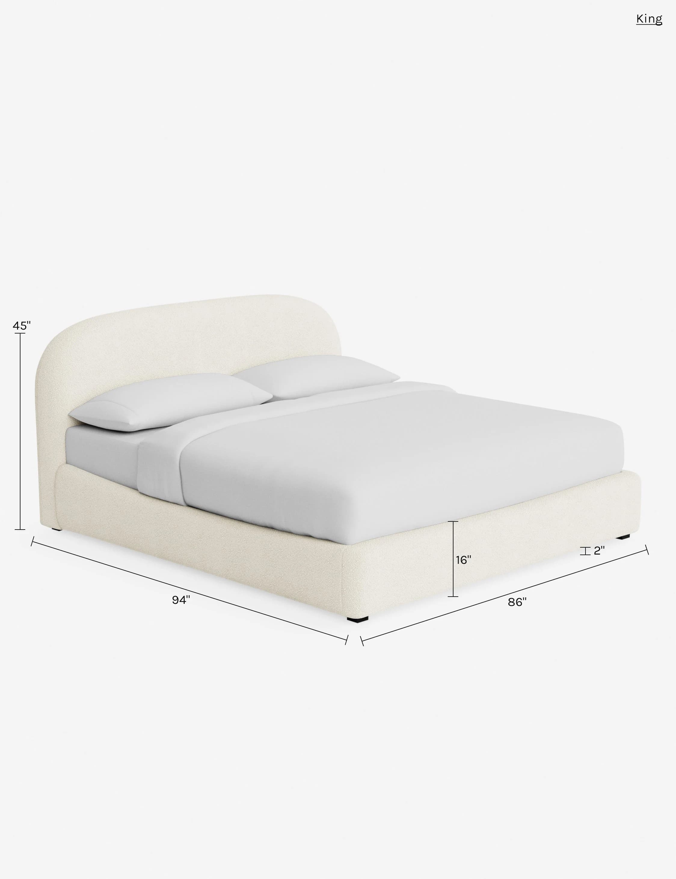A contemporary platform bed featuring a fully upholstered frame and a gently curved or rounded headboard. The bed is covered in a light-colored, textured fabric, likely a boucle or similar weave, giving it a soft, inviting appearance. The design is minimalist, with the mattress sitting directly on the low-profile frame, and subtle, recessed feet. It is presented against a plain white background. — 3D model