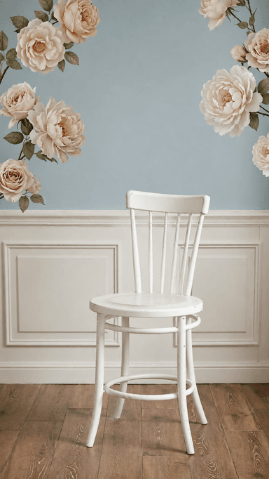 A white painted wooden bar stool featuring a round seat, a slatted spindle backrest, and four curved legs joined by a circular footrest. — 3D model