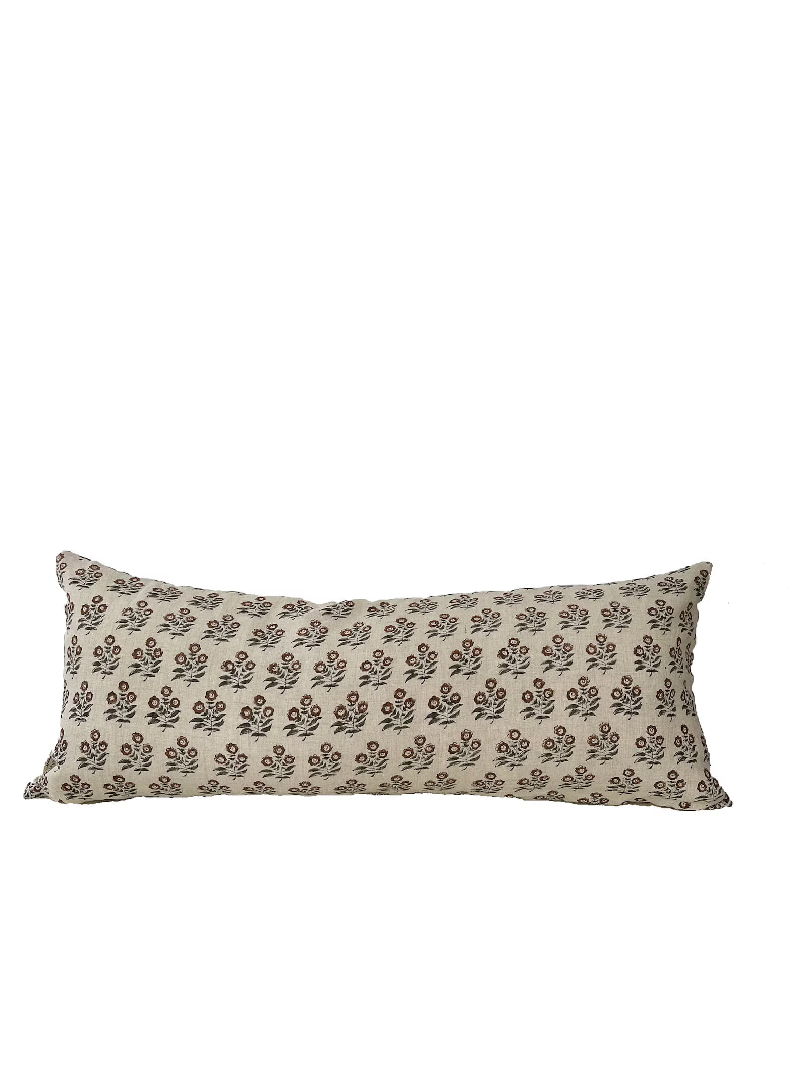 A rectangular bolster cushion with a repeating floral pattern. The fabric appears to be a natural fiber, possibly linen or cotton, with a light beige base color. The floral motif consists of small, stylized flowers in shades of dark red and black, arranged in a regular grid pattern across the surface. The cushion has a soft, pliable form, indicative of being filled with a soft material. — 3D model