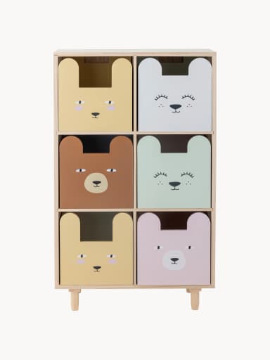 A freestanding children's storage unit featuring a light wood-finish frame and six cubbies, each containing a removable, pastel-colored bin. Each bin front is designed with a whimsical animal face, including a bear, bunny, and other creatures, in shades of yellow, light blue, brown, mint green, pink, and pale yellow. The unit stands on four short, tapered wooden legs. — 3D model