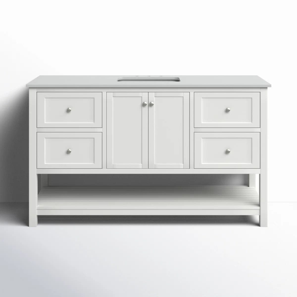 A white bathroom vanity with a flat top featuring a single rectangular cutout for a sink. The unit has two cabinet doors in the center, flanked by two sets of drawers on either side. Each drawer has a metal knob. Below the cabinets and drawers is an open shelf with slatted detailing. The vanity is supported by four legs, giving it a freestanding appearance. — 3D model