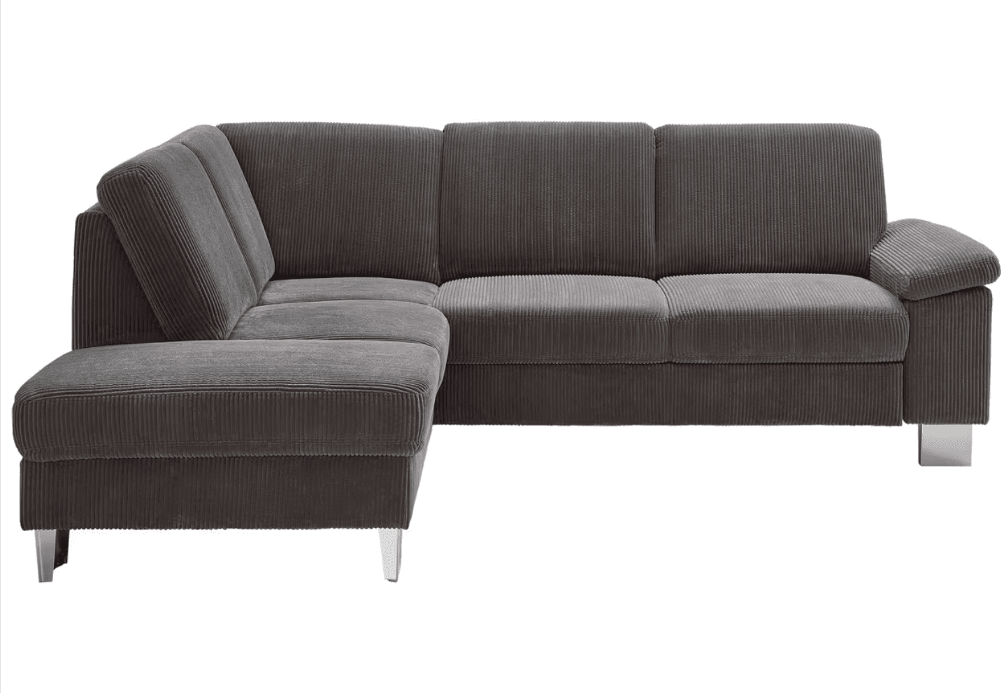 A modern L-shaped sectional sofa upholstered in charcoal gray corduroy fabric, featuring a fixed chaise lounge and an adjustable armrest. The sofa is supported by low-profile, polished metal block feet. — 3D model