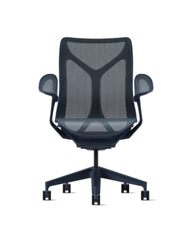 A modern office chair with a breathable mesh back and seat, featuring adjustable armrests and a five-star base with casters for mobility. The design is ergonomic and contemporary. — 3D model