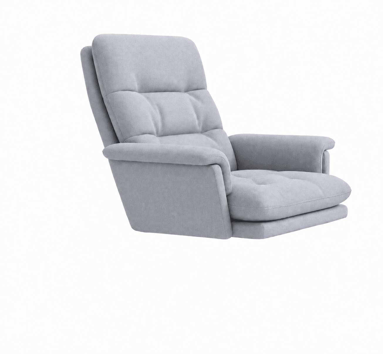 A light gray, upholstered recliner chair featuring a segmented, tufted backrest and a padded seat. The chair has wide, soft armrests and a base that appears integrated with the reclining mechanism, suggesting a smooth transition between seating positions. The fabric has a subtle woven pattern. — 3D model