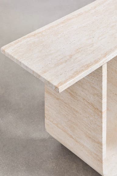 A console table with a rectangular top supported by two arched legs and one straight leg. The design features curved elements and a minimalist aesthetic. — 3D model