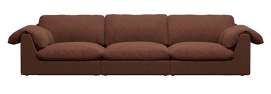 A three-seater sofa with plush cushions and rounded armrests. The sofa has a low profile and appears to be upholstered in a soft fabric. The color is a uniform medium brown. — 3D model