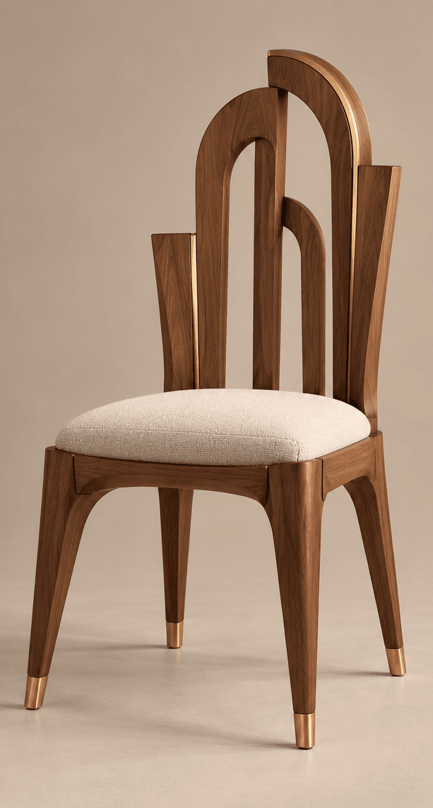 A contemporary dining chair featuring a rich walnut wood frame and a cream-colored upholstered seat. The backrest is distinctive with multiple arched, vertical wooden slats, one of which is adorned with a brass trim. The chair has four tapered legs, each tipped with a brass ferrule. — 3D model