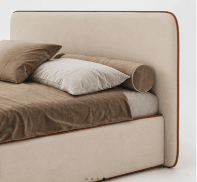 A modern upholstered bed frame with a rectangular headboard and a low-profile base. The frame features a rounded edge profile with a contrasting trim. The bed is dressed with linens, a throw blanket, and pillows. — 3D model