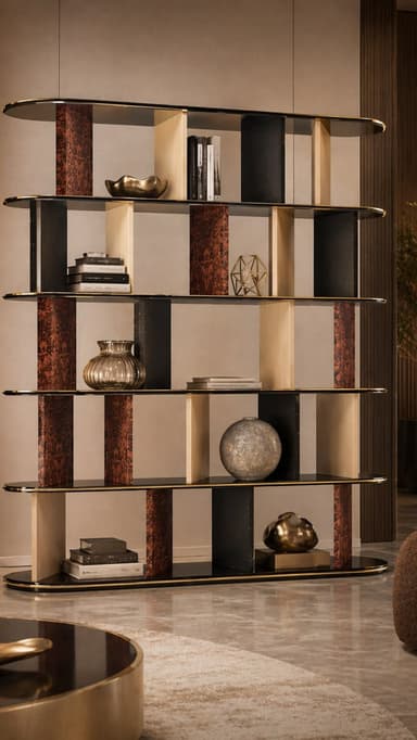 A contemporary freestanding shelving unit composed of six tiers of elongated oval-shaped black laminate shelves. The shelves reveal a light wood core along their edges. They are supported by a series of vertical dividers that alternate between light natural wood and a mottled reddish-brown burled material, creating an open, segmented structure with contrasting elements. — 3D model