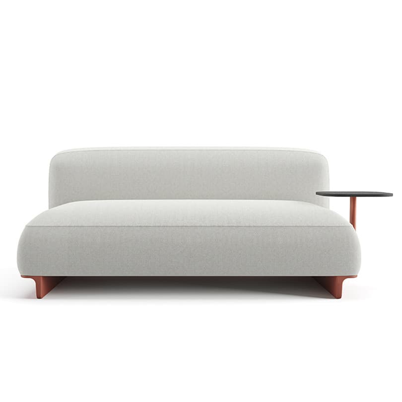 A modern, upholstered sofa with a minimalist design. It features rounded edges and a low profile. A small, dark, circular side table is attached to the right armrest via a slender, orange-toned metal support. The base of the sofa consists of four similarly colored legs, appearing to be a reddish-brown or copper hue. — 3D model