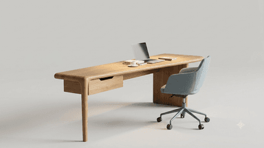 A modern console table crafted from light-toned solid wood, likely oak, featuring a long, narrow top with softly rounded edges. It incorporates a single, shallow drawer with a subtle recessed pull. The table is supported by an asymmetrical base, consisting of a solid rectangular panel on one side and a single, cylindrical, tapered leg on the other. — 3D model