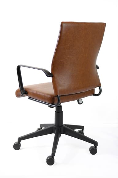 A high-back office chair with brown faux leather upholstery featuring horizontal ribbing, black metal armrests, and a black five-star caster base with an adjustable height mechanism. — 3D model