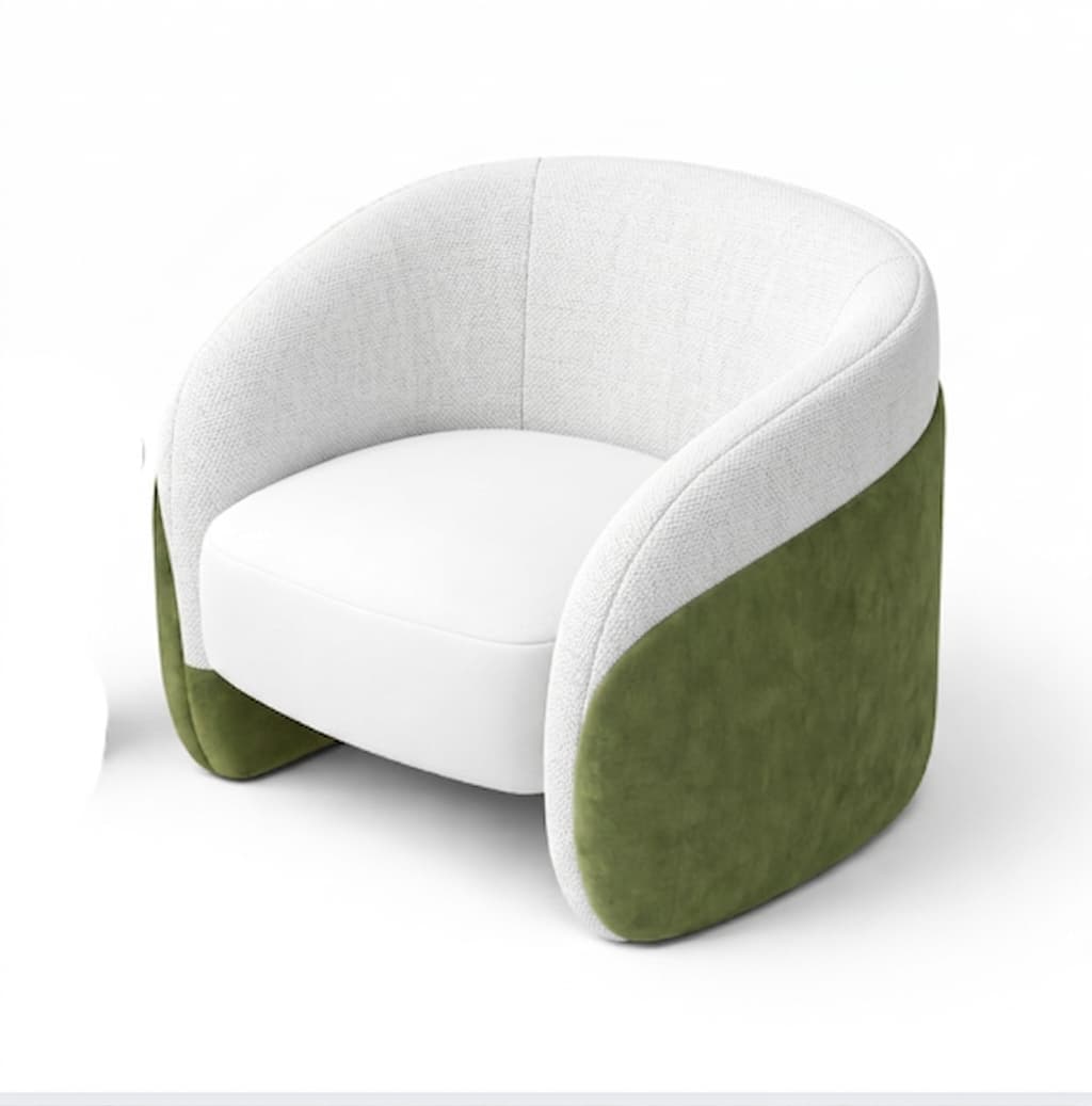 A modern armchair with a rounded, barrel-like silhouette. The chair features a contrasting upholstery design. The inner surfaces, including the seat and backrest, are upholstered in a smooth, white material. The exterior, wrapping around the lower half and sides of the chair, is upholstered in a textured, olive green fabric. The chair has a low profile with integrated armrests that flow into the backrest. — 3D model