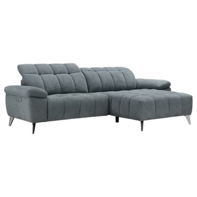 A contemporary grey fabric sectional sofa featuring a chaise lounge on one end and a reclining function indicated by a control panel on the armrest. The sofa is upholstered with channel tufting on the seat and back cushions, supported by slender, angled metal legs. — 3D model