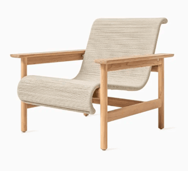 A modern armchair with a curved, woven seat and backrest, supported by a light-colored wooden frame. The frame features four legs, armrests, and a horizontal support connecting the front legs. The seat and back are constructed from tightly woven cord or rope in a neutral tone, creating a textured surface with visible horizontal lines. — 3D model