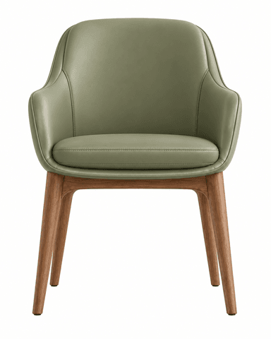 A contemporary armchair featuring a curved, enveloping shell upholstered in a sage green material, likely leather or high-quality faux leather. The chair rests on a splayed and tapered wooden base, providing a modern and elegant aesthetic. It includes a removable seat cushion for added comfort. — 3D model