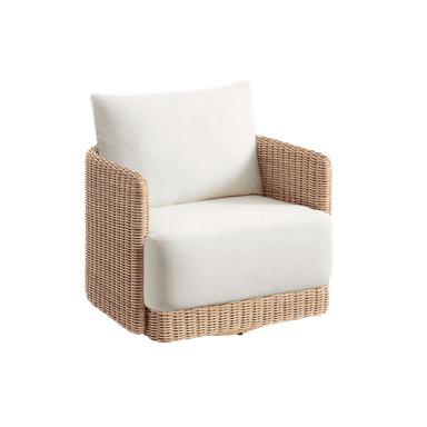 A plush armchair with a woven wicker base and frame, featuring thick, cream-colored cushions for the seat and back. The armchair appears to have a swivel base. — 3D model