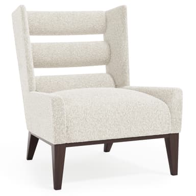 A modern armchair with a high back and a slatted design. The armchair features a cream-colored upholstered seat and back, supported by four dark wooden legs. The backrest has three horizontal slats, creating an open-weave effect. The upholstery appears to be a textured leather or leather-like material. — 3D model