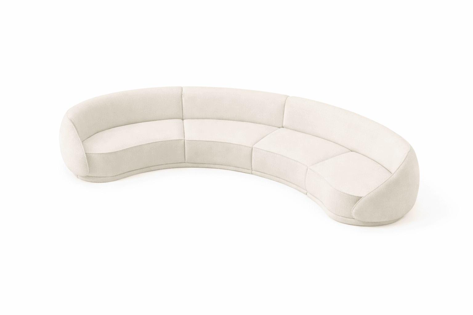 A modular, curved sofa with a low profile and rounded armrests. The sofa is upholstered in a textured cream fabric and is segmented into several seat and back cushions. It appears to be designed with a contemporary or mid-century modern aesthetic. — 3D model