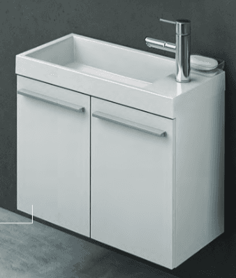 A modern, compact, wall-mounted bathroom vanity unit featuring an integrated rectangular sink, two cabinet doors with horizontal bar pulls, and a single-handle chrome faucet. — 3D model