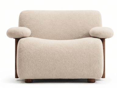 A modern upholstered armchair featuring soft, rounded contours and distinctive sculptural wooden elements. The chair is covered in a light beige, textured fabric, likely boucle, and includes separate rounded armrest cushions that rest on a vertical, dark wood panel. The overall aesthetic is plush and contemporary, supported by small, rounded wooden feet. — 3D model