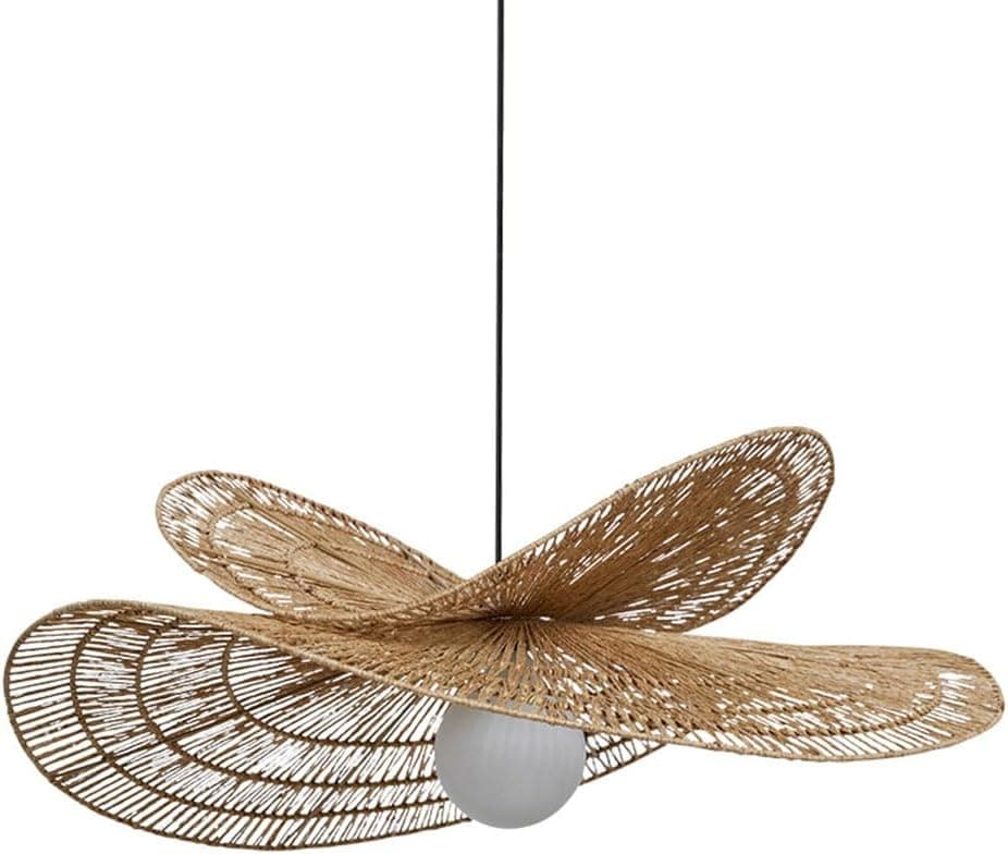 A decorative pendant light fixture with a woven natural fiber shade. The shade is designed to resemble a wide-brimmed hat with multiple layered, curved segments. A single frosted glass bulb cover is visible at the center. — 3D model