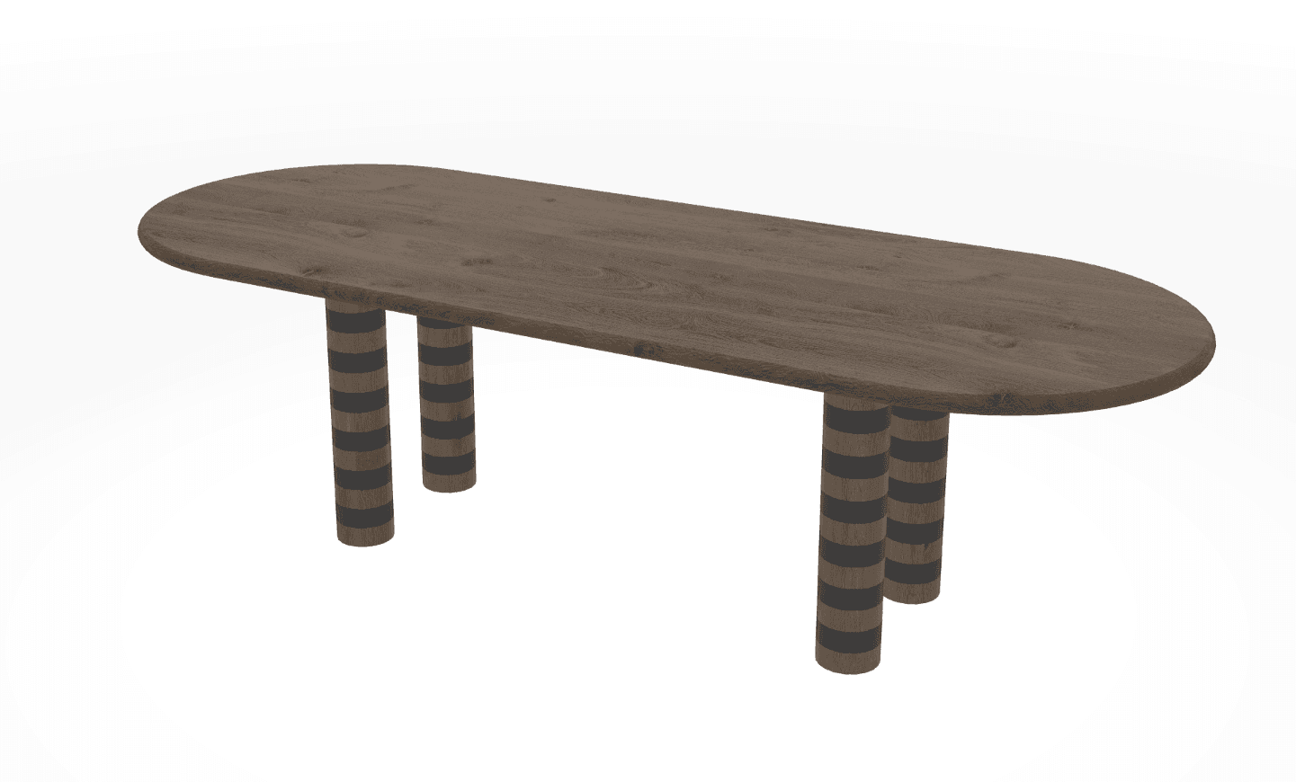 A modern oval-shaped table featuring a natural dark wood tabletop. The table is supported by four robust, cylindrical legs, each adorned with distinct horizontal banding in alternating dark wood and black finishes. The design is contemporary and eye-catching. — 3D model