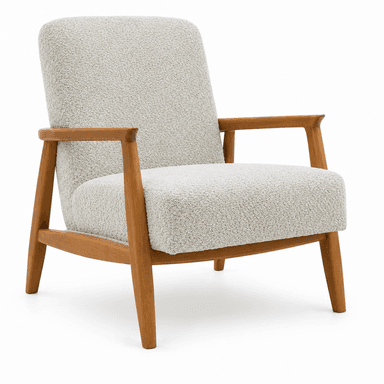 A modern upholstered armchair featuring a light-colored, textured boucle fabric and a visible wooden frame with tapered legs. — 3D model