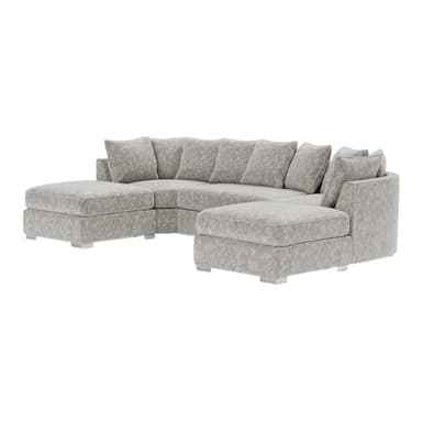 A large, U-shaped sectional sofa with plush cushioning and wide armrests. The sofa features multiple seating sections and two detachable chaises or ottomans, one on each end of the 'U'. It includes two decorative throw pillows. The sofa appears to be upholstered in a textured fabric. — 3D model