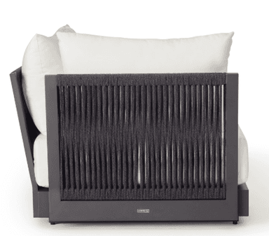 A contemporary outdoor lounge chair featuring a dark grey powder-coated metal frame and a distinctive woven rope backrest. It is equipped with thick, light-colored upholstered cushions for comfort and a modern aesthetic. — 3D model